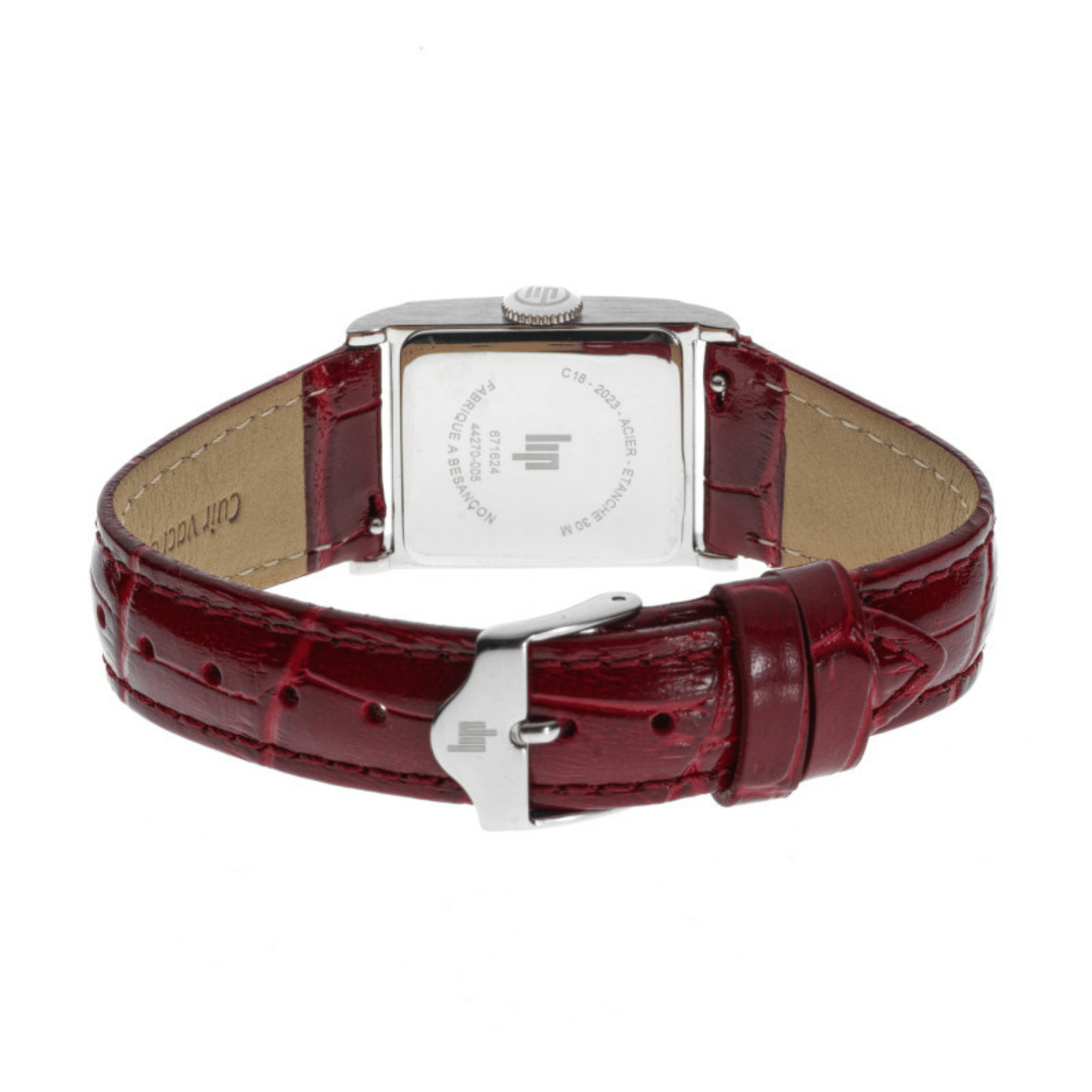 Montre Lip Churchill C18 quartz cadran argenté bracelet cuir rouge 21 x 21 mm