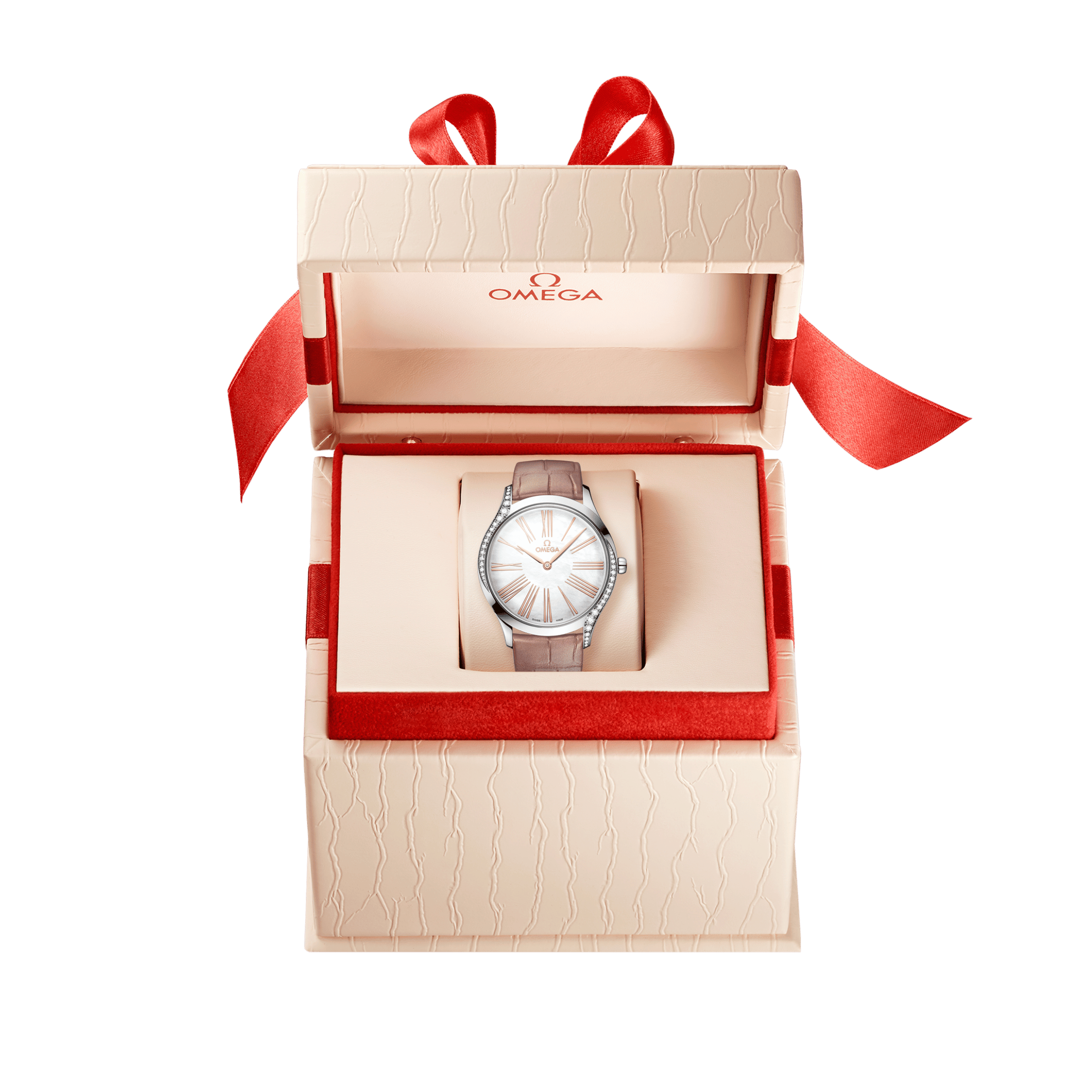 Montre Omega De Ville Trésor quartz cadran nacre blanche bracelet cuir beige 36 mm