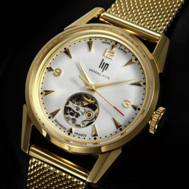 Montre Lip Himalaya Cœur Battant automatique PVD Or Jaune cadran blanc argenté bracelet milanais 29 mm