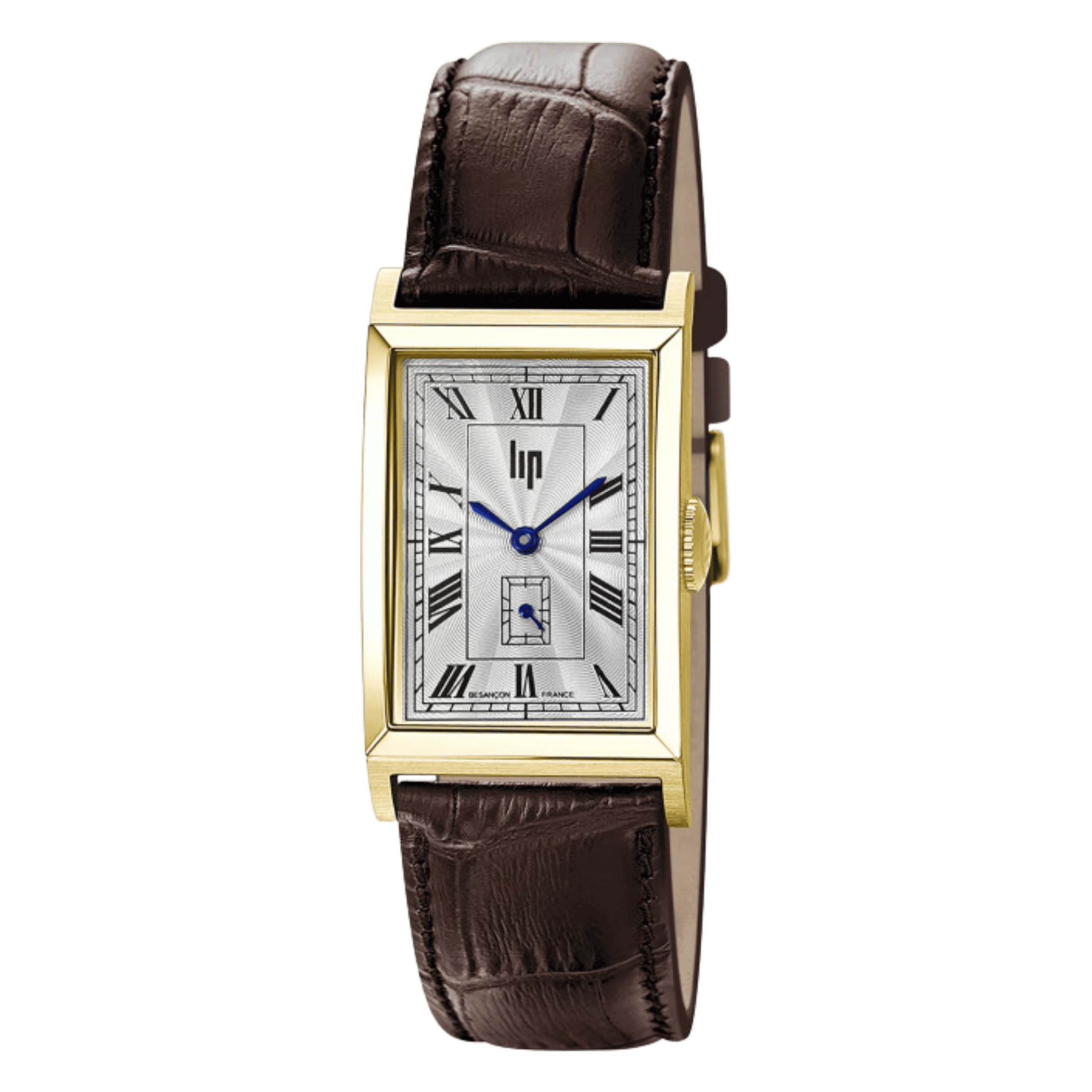 Montre Lip Churchill T24 Petite Seconde PVD Or Jaune quartz cadran argenté bracelet cuir marron 41,5 x 23,5 mm