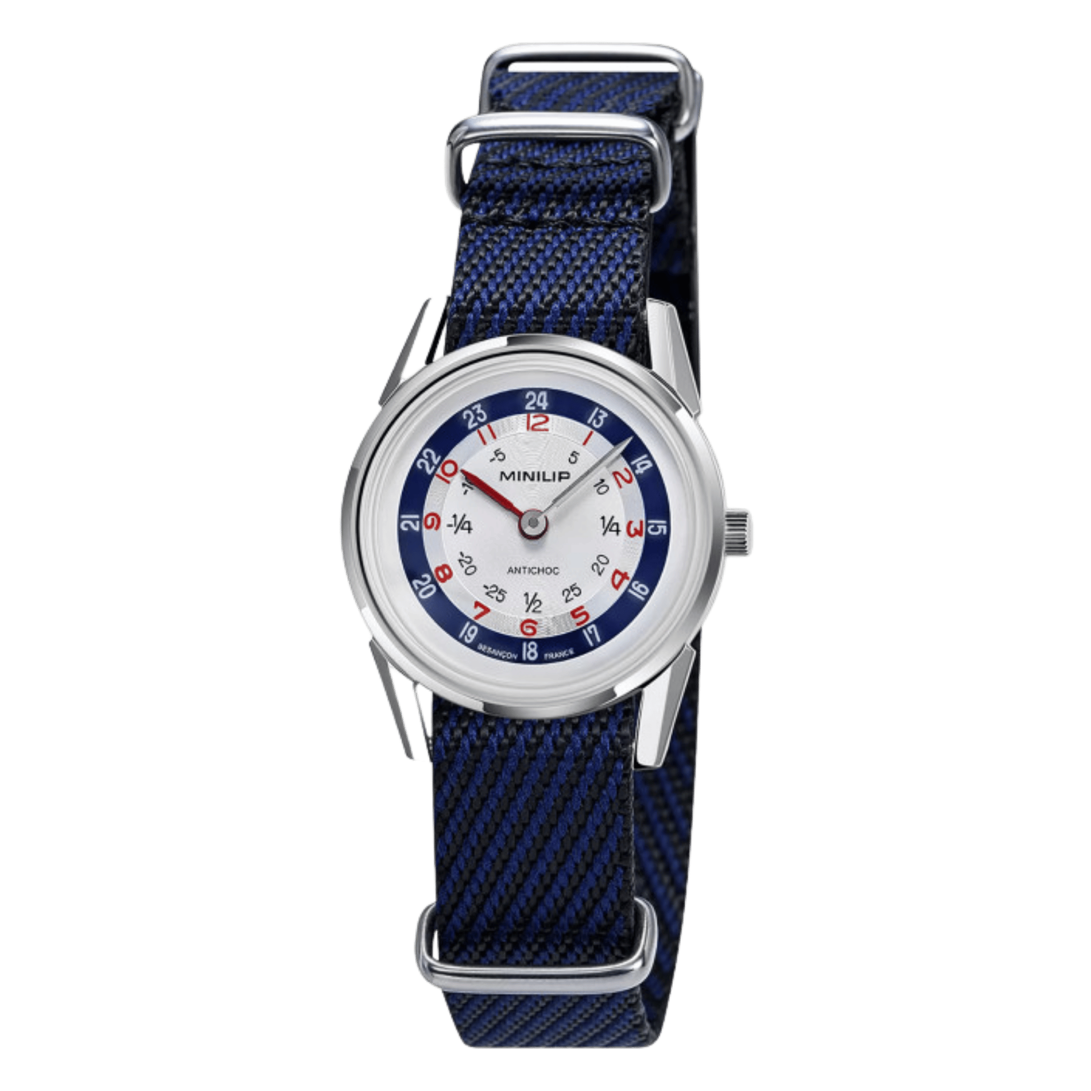 Montre Lip MiniLIP quartz cadran argenté bracelet tissu bleu 29 mm