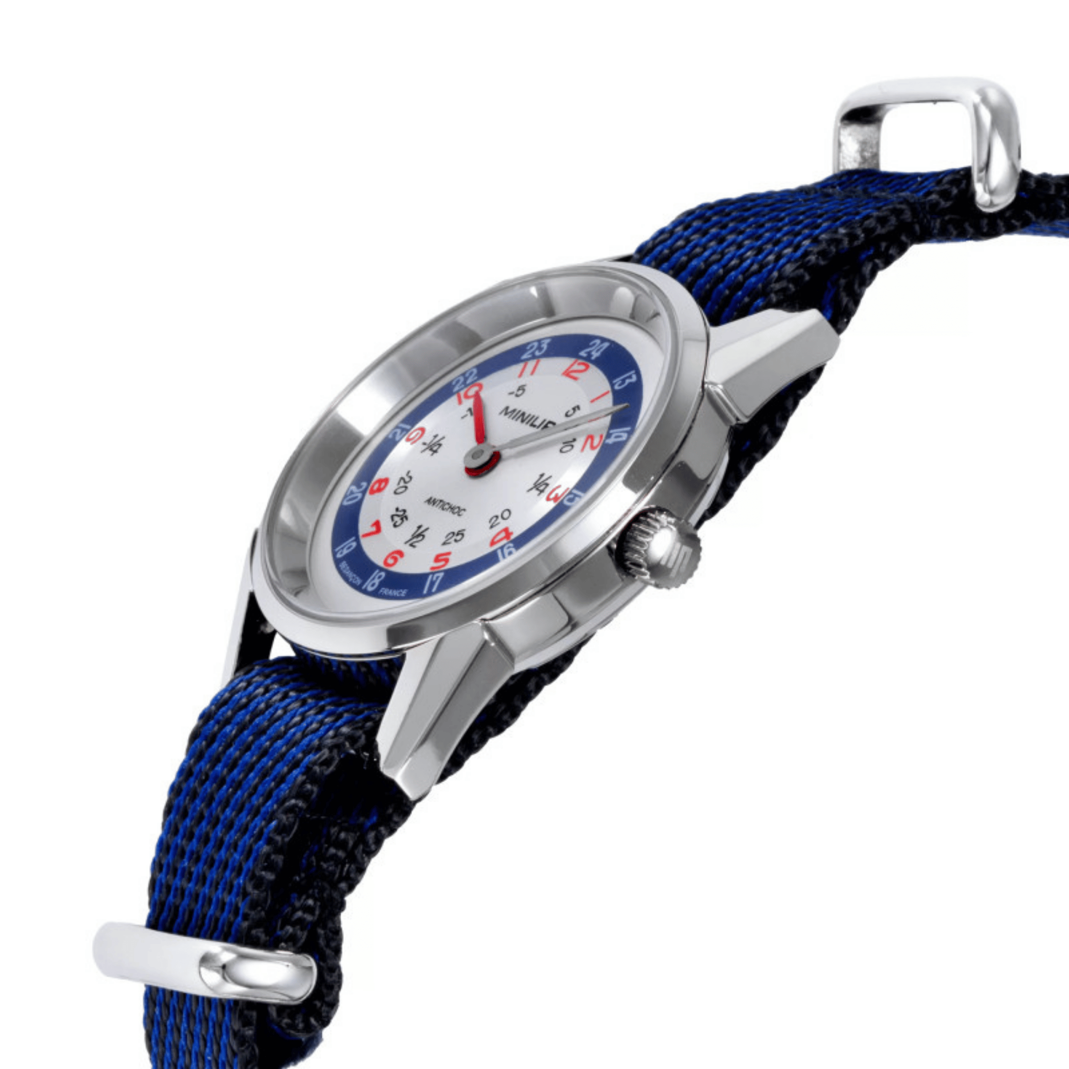 Montre Lip MiniLIP quartz cadran argenté bracelet tissu bleu 29 mm