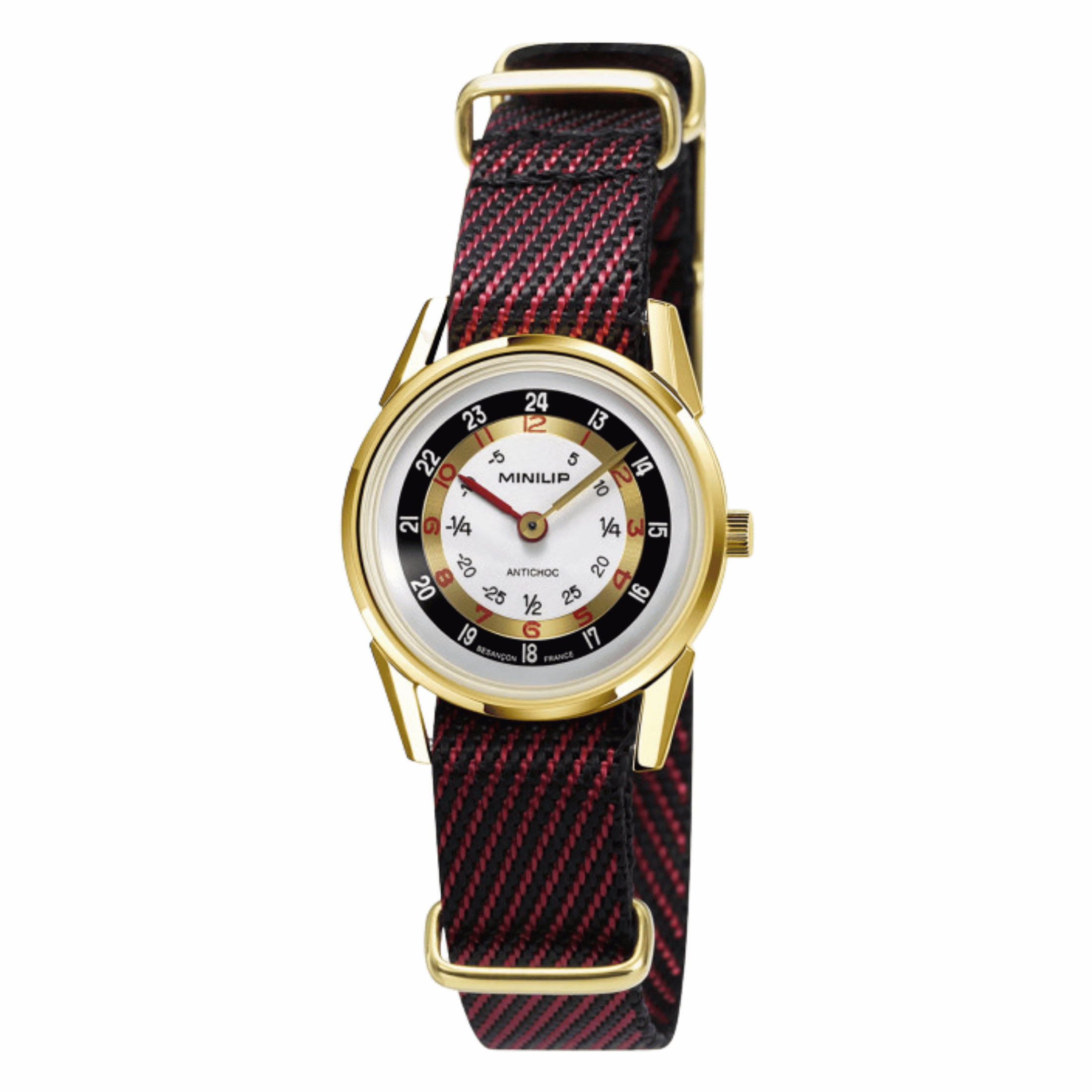 Montre Lip MiniLIP Dorée quartz cadran argenté bracelet tissu rouge 29 mm