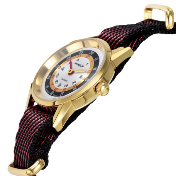 Montre Lip MiniLIP Dorée quartz cadran argenté bracelet tissu rouge 29 mm