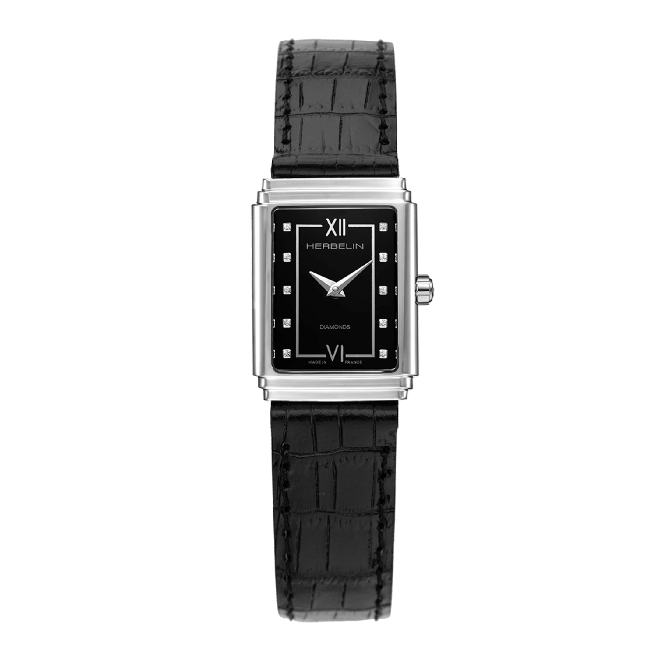 Herbelin Art Déco 1925 Steel & Diamonds quartz black dial black leather strap 29,5 x 22 mm