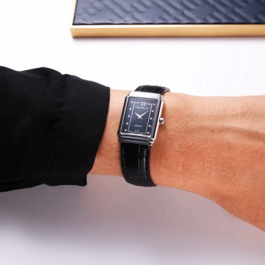 Montre Herbelin Art Déco 1925 Acier & Diamants quartz cadran noir bracelet cuir noir 29,5 x 22 mm