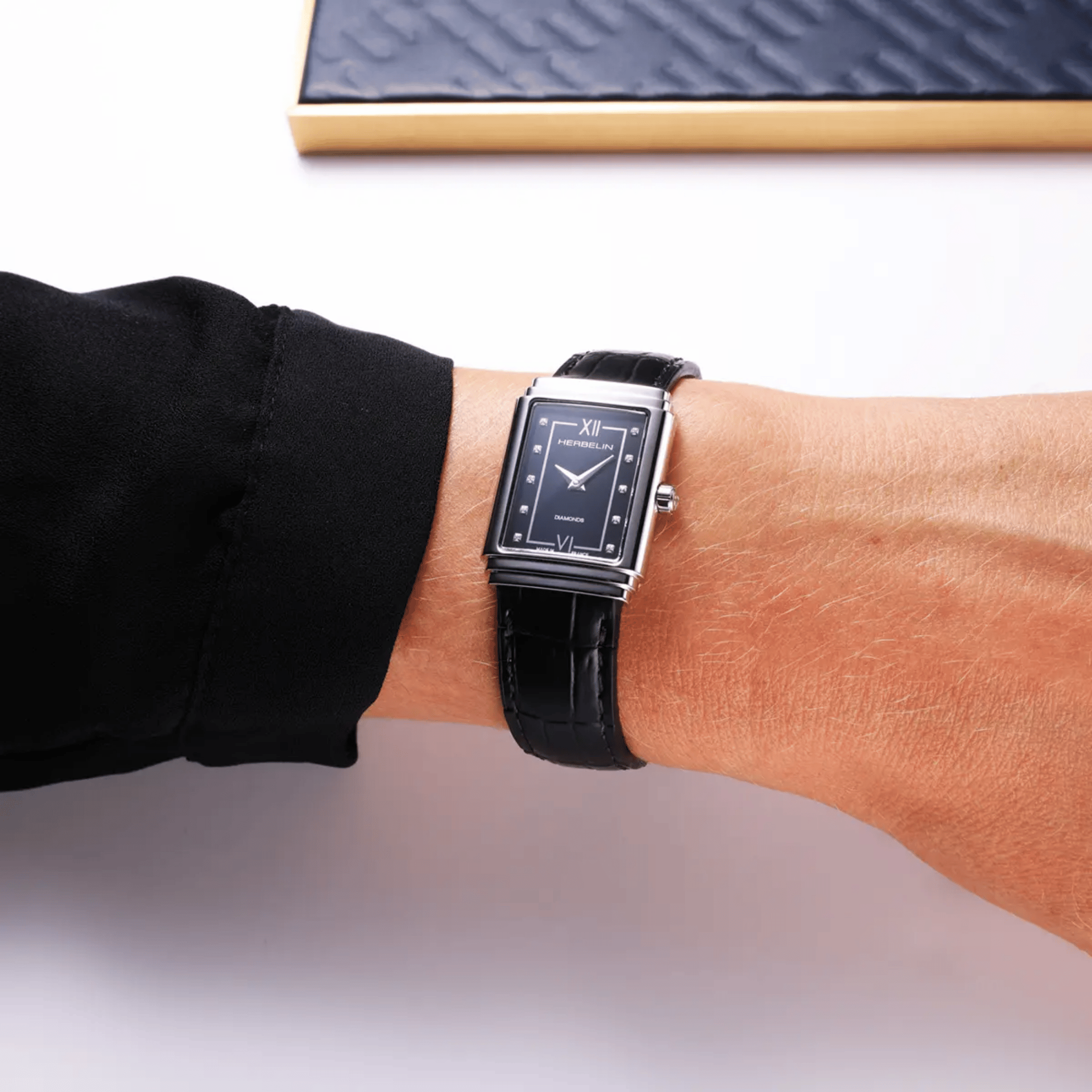 Herbelin Art Déco 1925 Steel & Diamonds quartz black dial black leather strap 29,5 x 22 mm