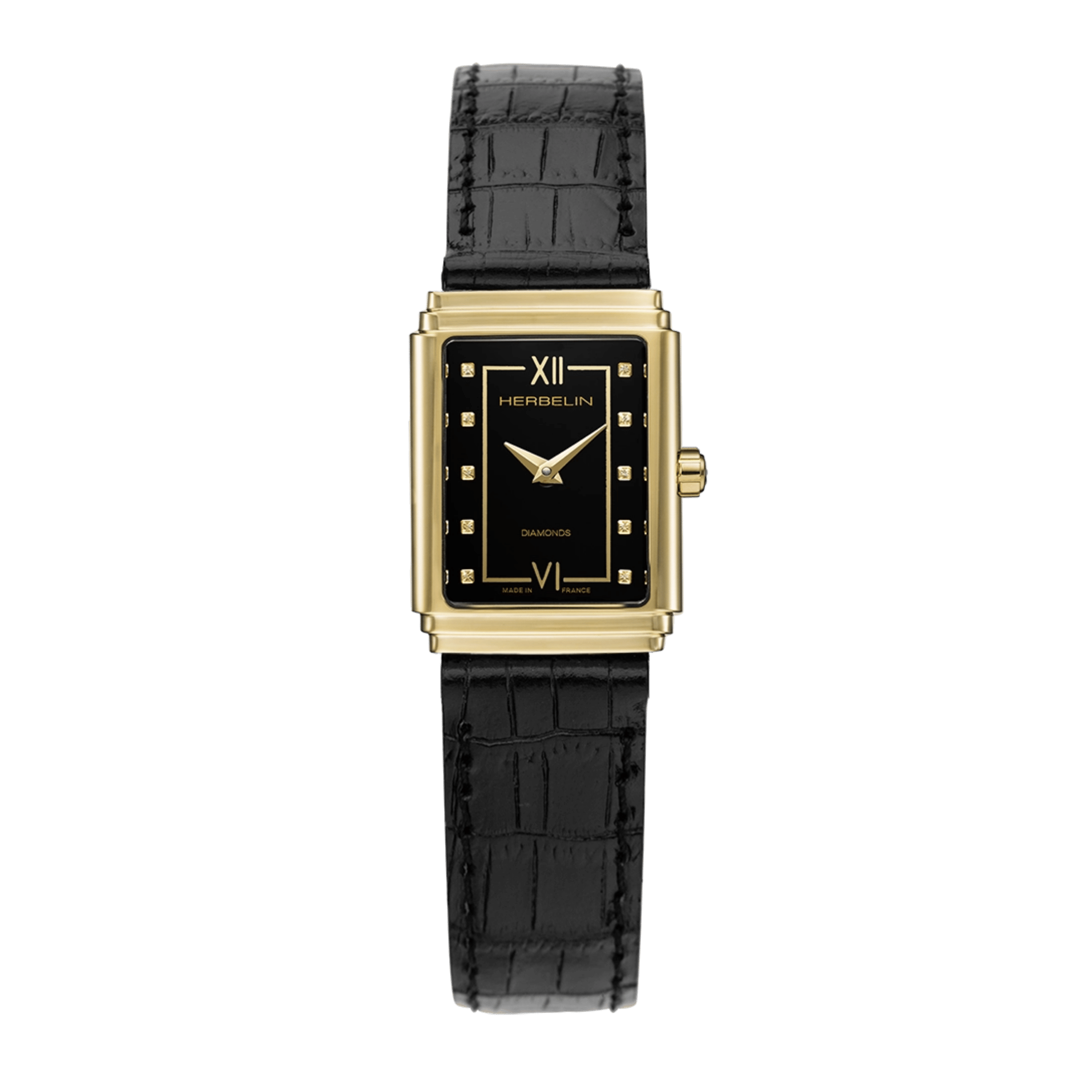 Herbelin Art Déco 1925 Golden & Diamonds quartz black dial black leather strap 29,5 x 22 mm