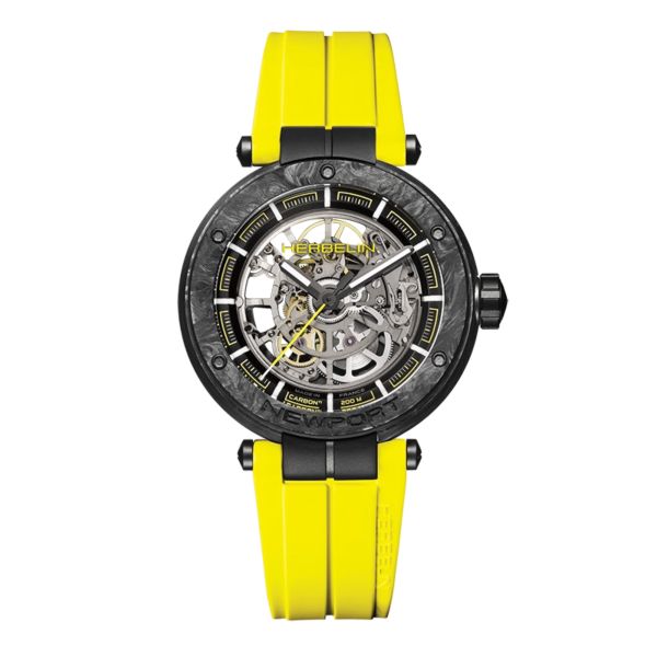Montre Herbelin Newport Carbone Titane Squelette automatique bracelet caoutchouc FKM jaune 43 mm