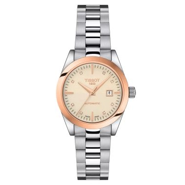Montre Tissot T-My Lady Or Rose automatique index diamants cadran crème bracelet acier 29 mm T930.007.41.266.00