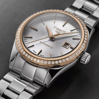 Montre Tissot T-My Lady Or Rose automatique lunette sertie cadran argent bracelet acier 29 mm T930.007.41.031.00