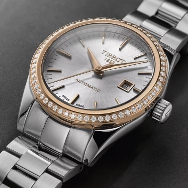 Montre Tissot T-My Lady Or Rose automatique lunette sertie cadran argent bracelet acier 29 mm T930.007.41.031.00