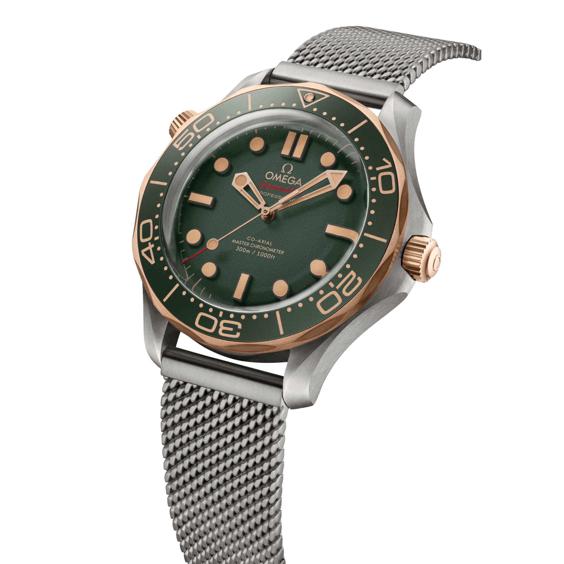 Montre Omega Seamaster Diver 300m Bronze Gold Co-Axial Master Chronometer cadran vert bracelet acier milanais 42 mm