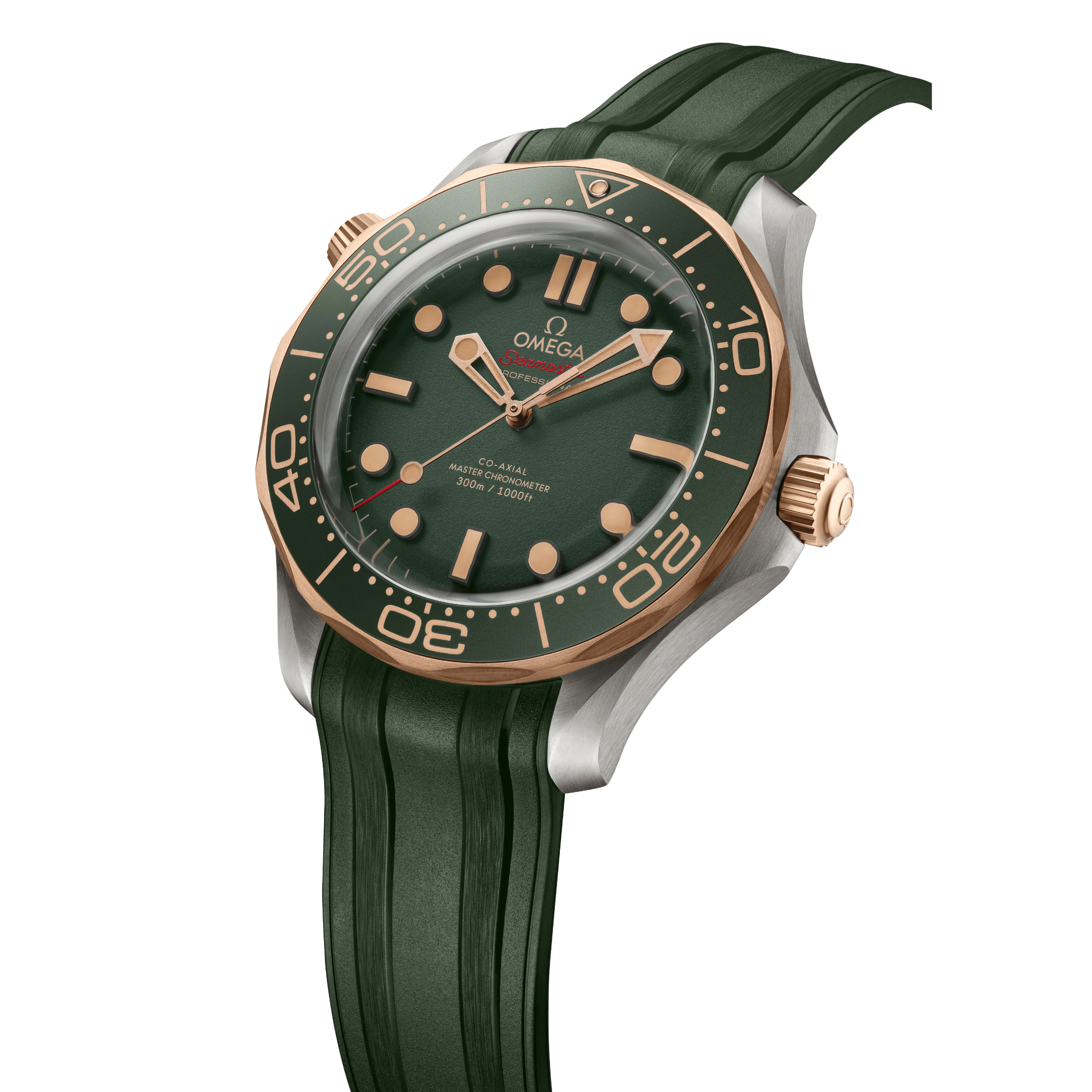 Montre Omega Seamaster Diver 300m Bronze Gold Co-Axial Master Chronometer cadran vert bracelet caoutchouc 42 mm