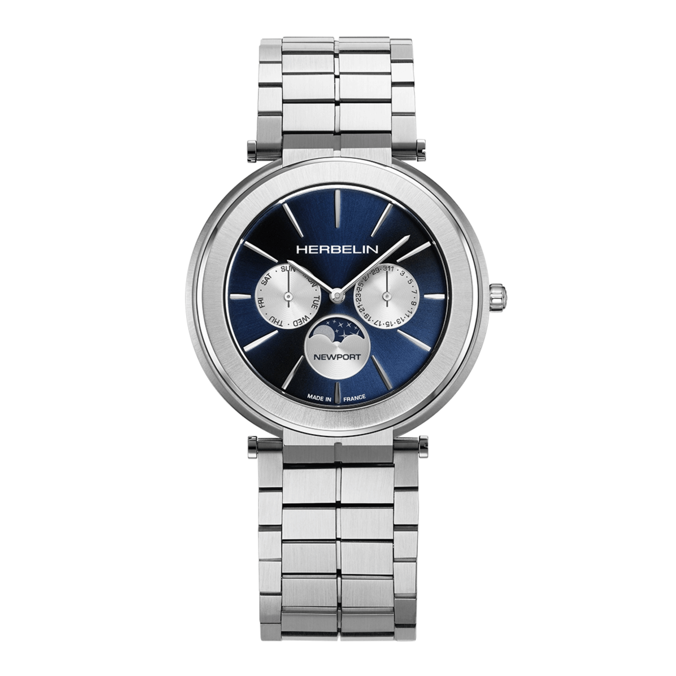 Montre Herbelin Newport Slim quartz Phase de lune cadran bleu bracelet acier 41,5 mm