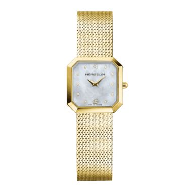 Montre Herbelin Octogone PVD Or jaune quartz cadran nacre bracelet acier maille milanaise 24,5 mm