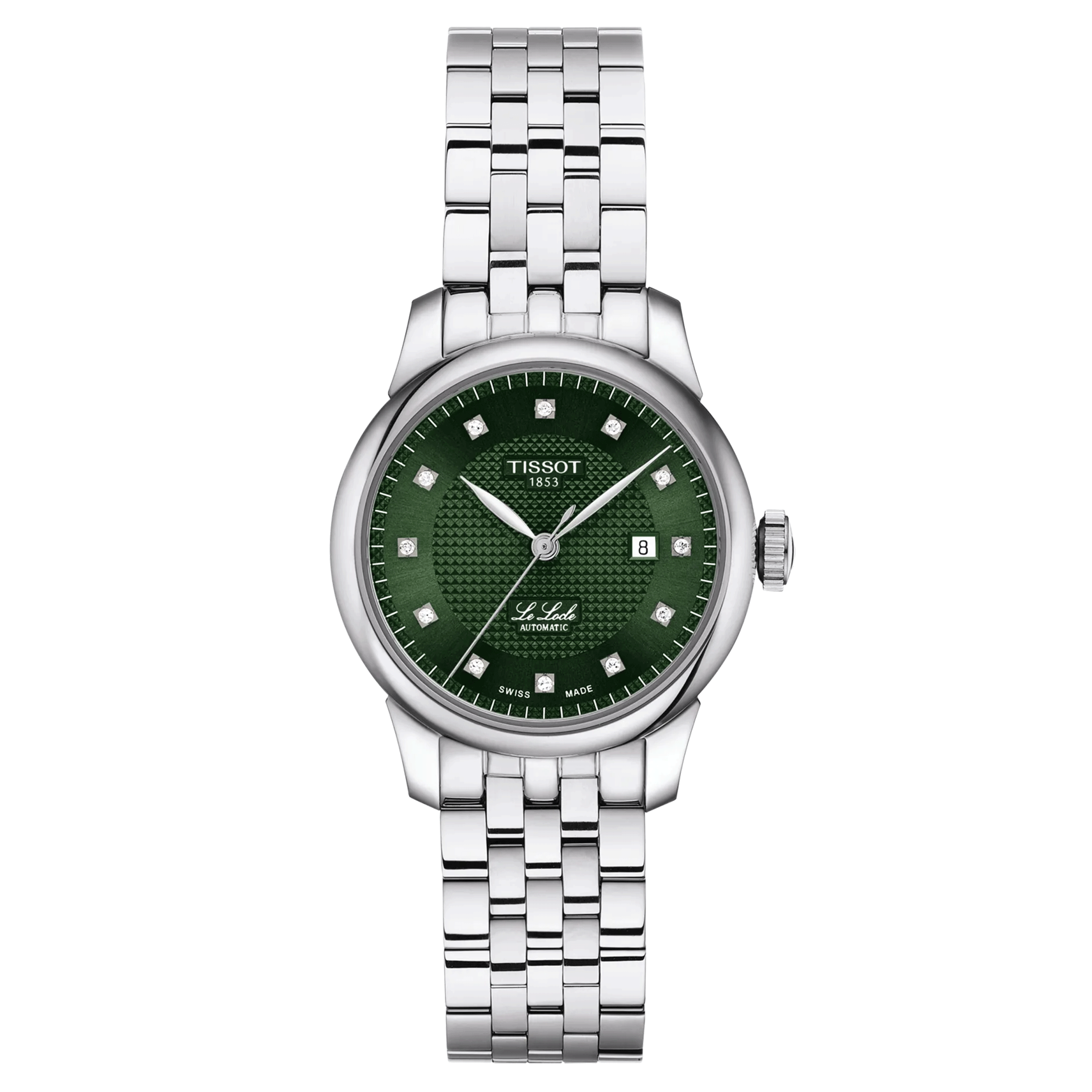 Montre Tissot T-Classic Le Locle Lady automatique index diamants cadran vert bracelet acier 29 mm