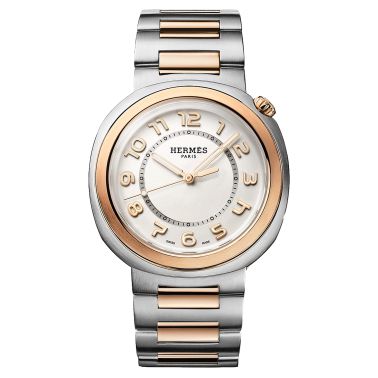 Montre HERMÈS Cut Grand Modèle automatique cadran argenté bracelet et lunette or rose et acier 36 mm W403249WW00