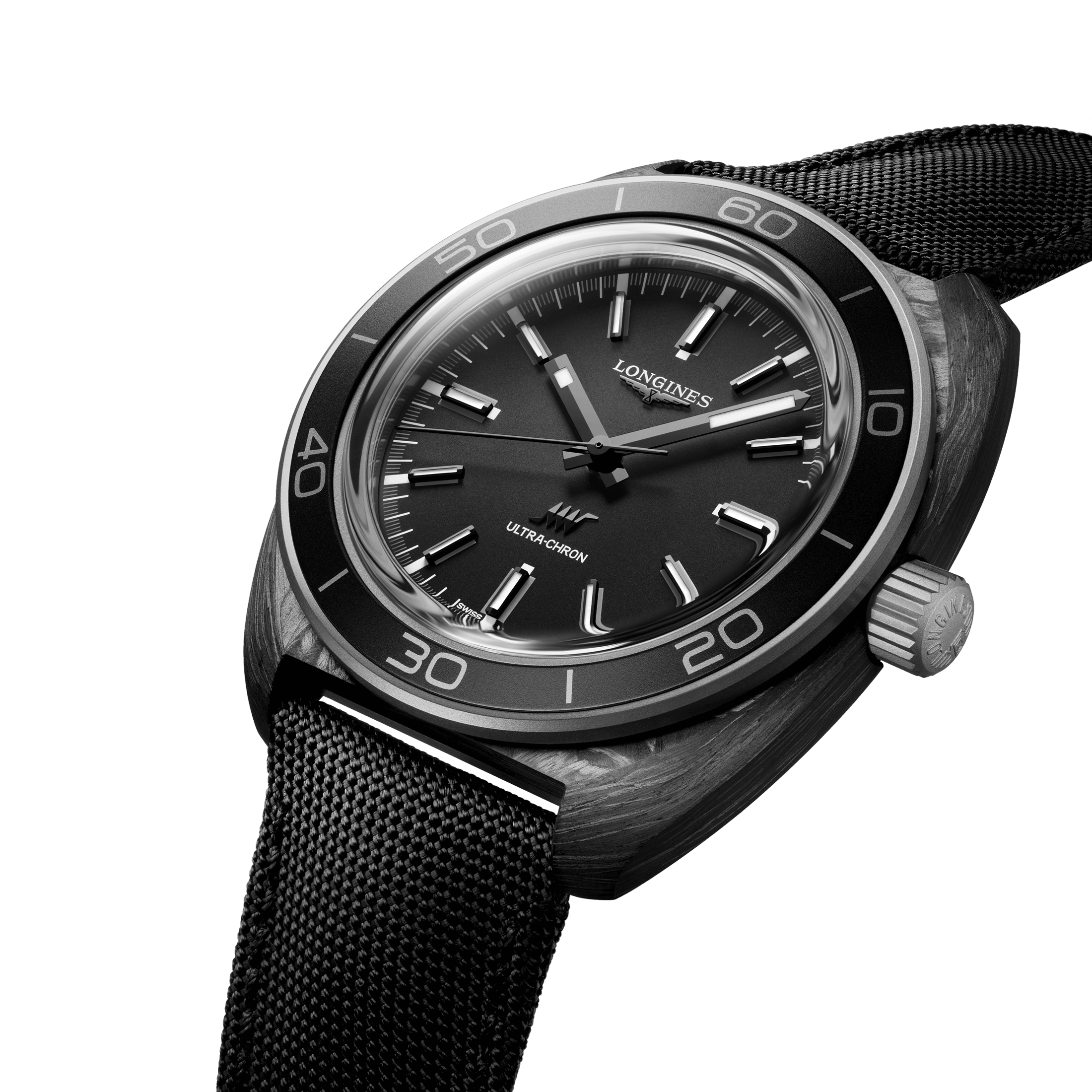 Montre Longines Ultra-Chron Carbon automatique cadran antracite bracelet tissu noir 43 mm L2.839.4.52.2