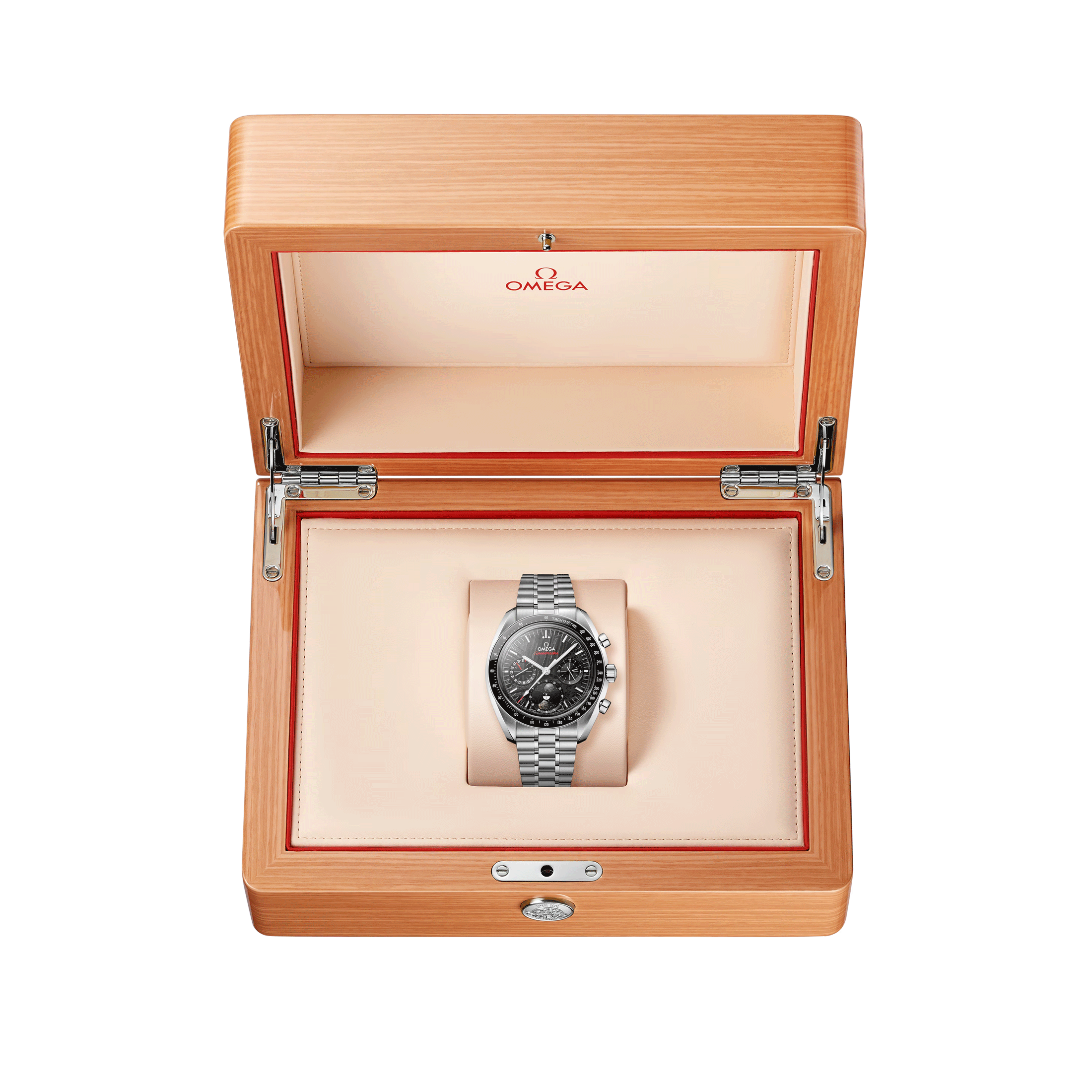 Omega Speedmaster Moonphase Co-Axial Master Chronometer Meteorite watch black dial leather strap 43 mm