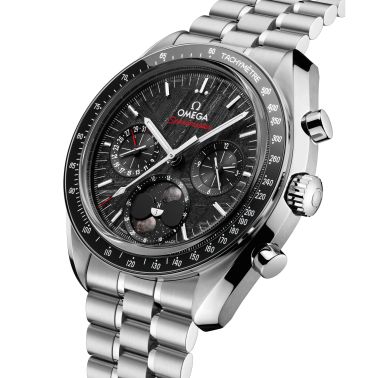 Omega Speedmaster Moonphase Co-Axial Master Chronometer Meteorite watch black dial leather strap 43 mm