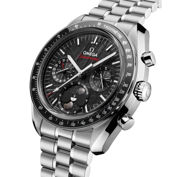 Omega Speedmaster Moonphase Co-Axial Master Chronometer Meteorite watch black dial leather strap 43 mm