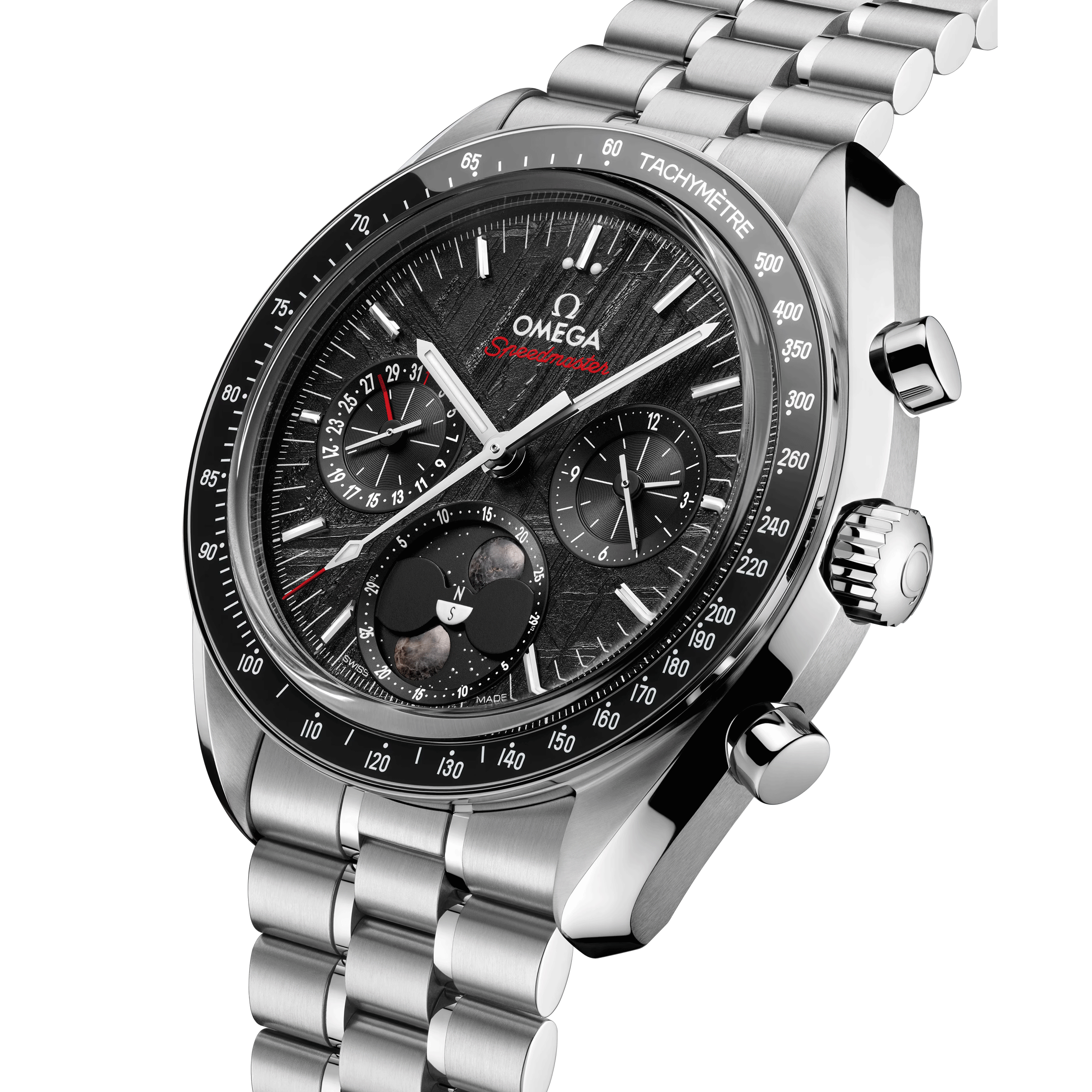 Omega Speedmaster Moonphase Co-Axial Master Chronometer Meteorite watch black dial leather strap 43 mm