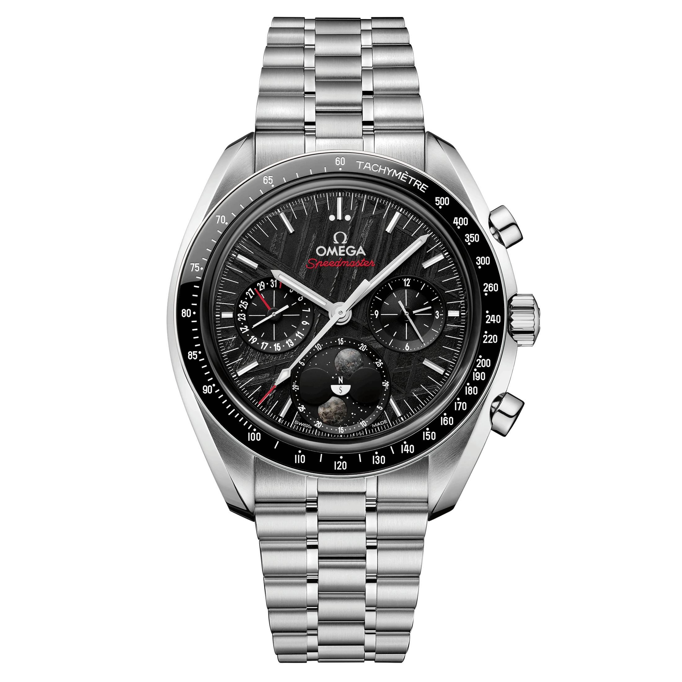 Omega Speedmaster Moonphase Co-Axial Master Chronometer Meteorite watch black dial leather strap 43 mm
