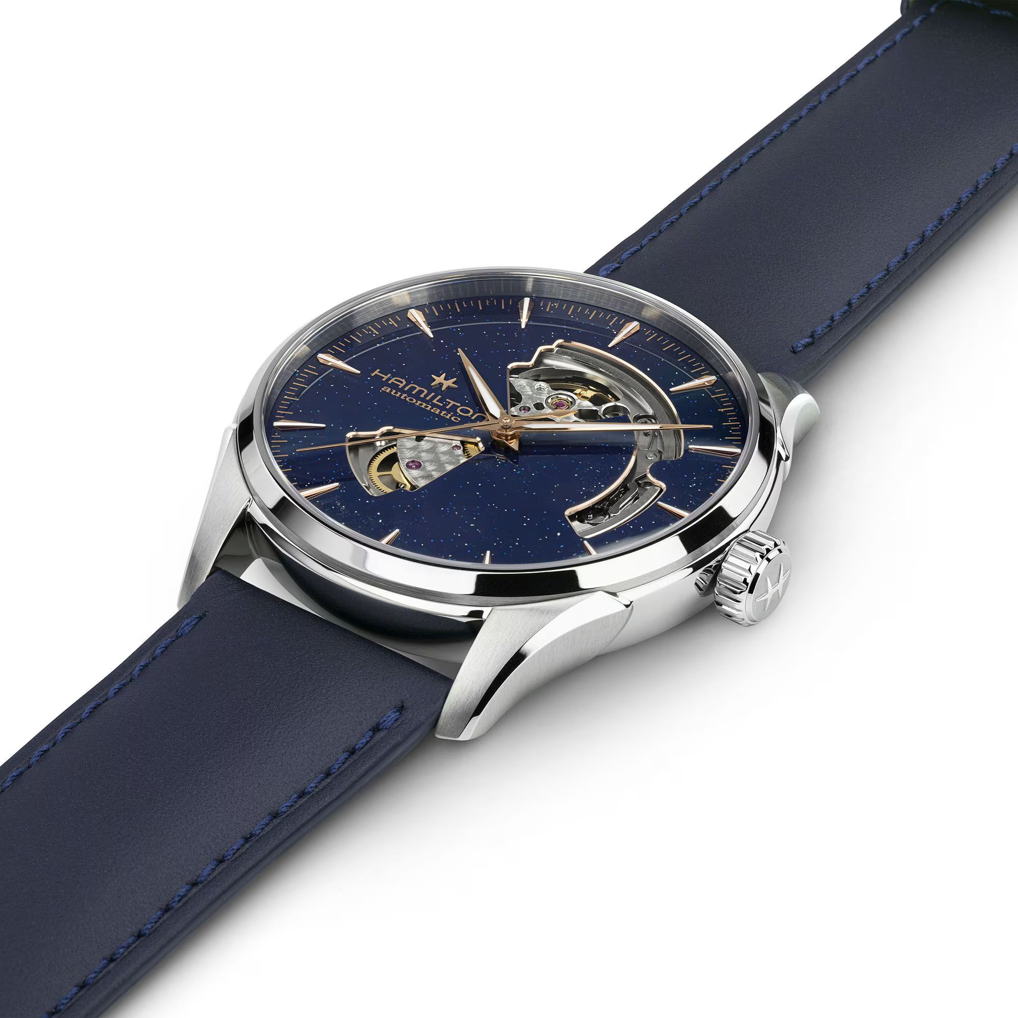 Montre Hamilton Jazzmaster Open Heart Auto cadran bleu scintillant bracelet cuir bleu 42 mm