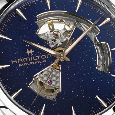Montre Hamilton Jazzmaster Open Heart Auto cadran bleu scintillant bracelet cuir bleu 42 mm
