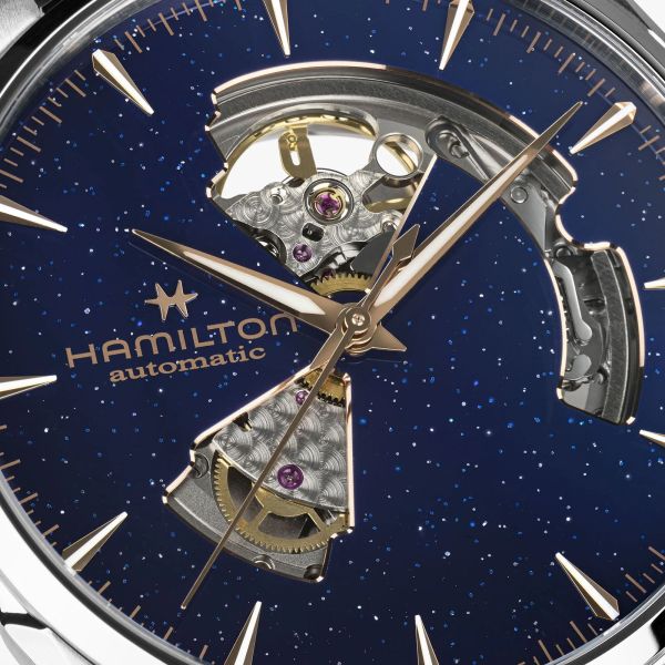 Montre Hamilton Jazzmaster Open Heart Auto cadran bleu scintillant bracelet cuir bleu 42 mm