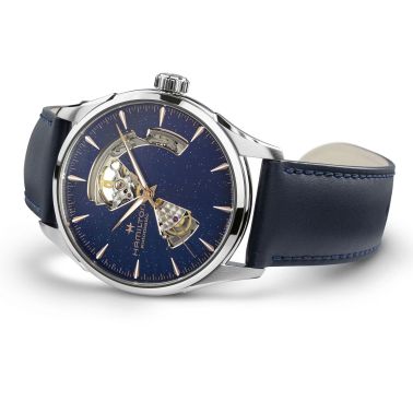 Montre Hamilton Jazzmaster Open Heart Auto cadran bleu scintillant bracelet cuir bleu 42 mm