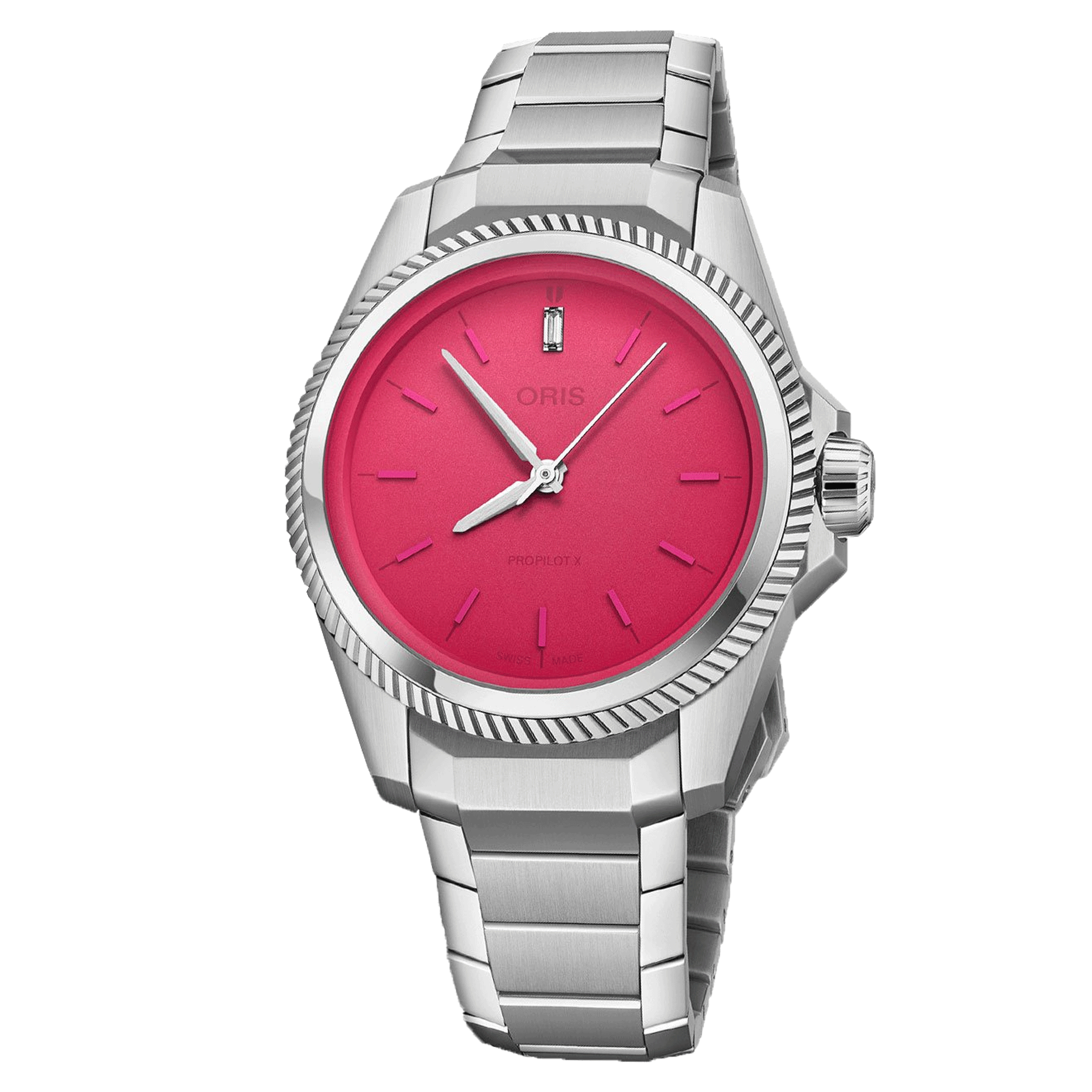 Oris ProPilot X Miss Piggy automatic watch pink dial steel bracelet 34 mm 01 531 7796 4158-07 8 17 05LC