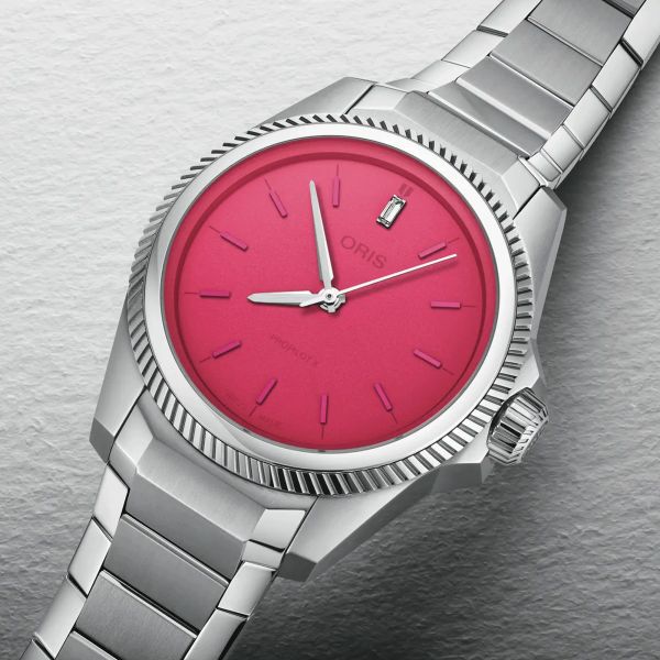 Oris ProPilot X Miss Piggy automatic watch pink dial steel bracelet 34 mm 01 531 7796 4158-07 8 17 05LC