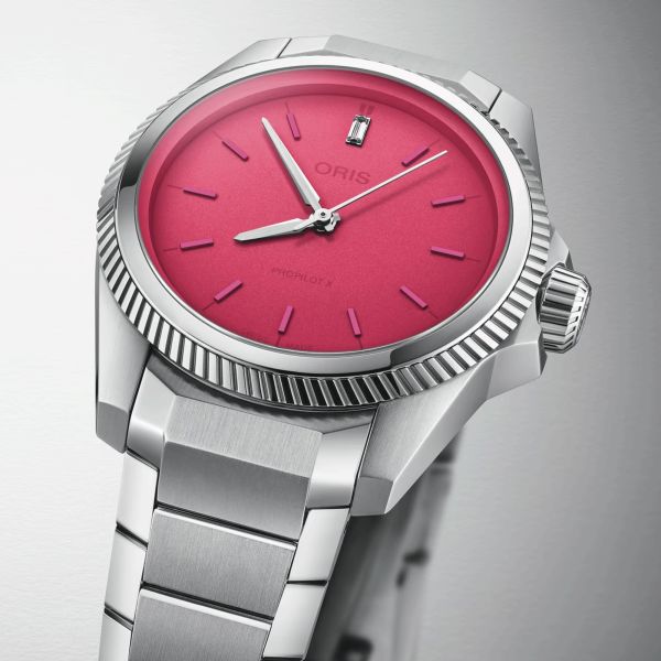 Oris ProPilot X Miss Piggy automatic watch pink dial steel bracelet 34 mm 01 531 7796 4158-07 8 17 05LC