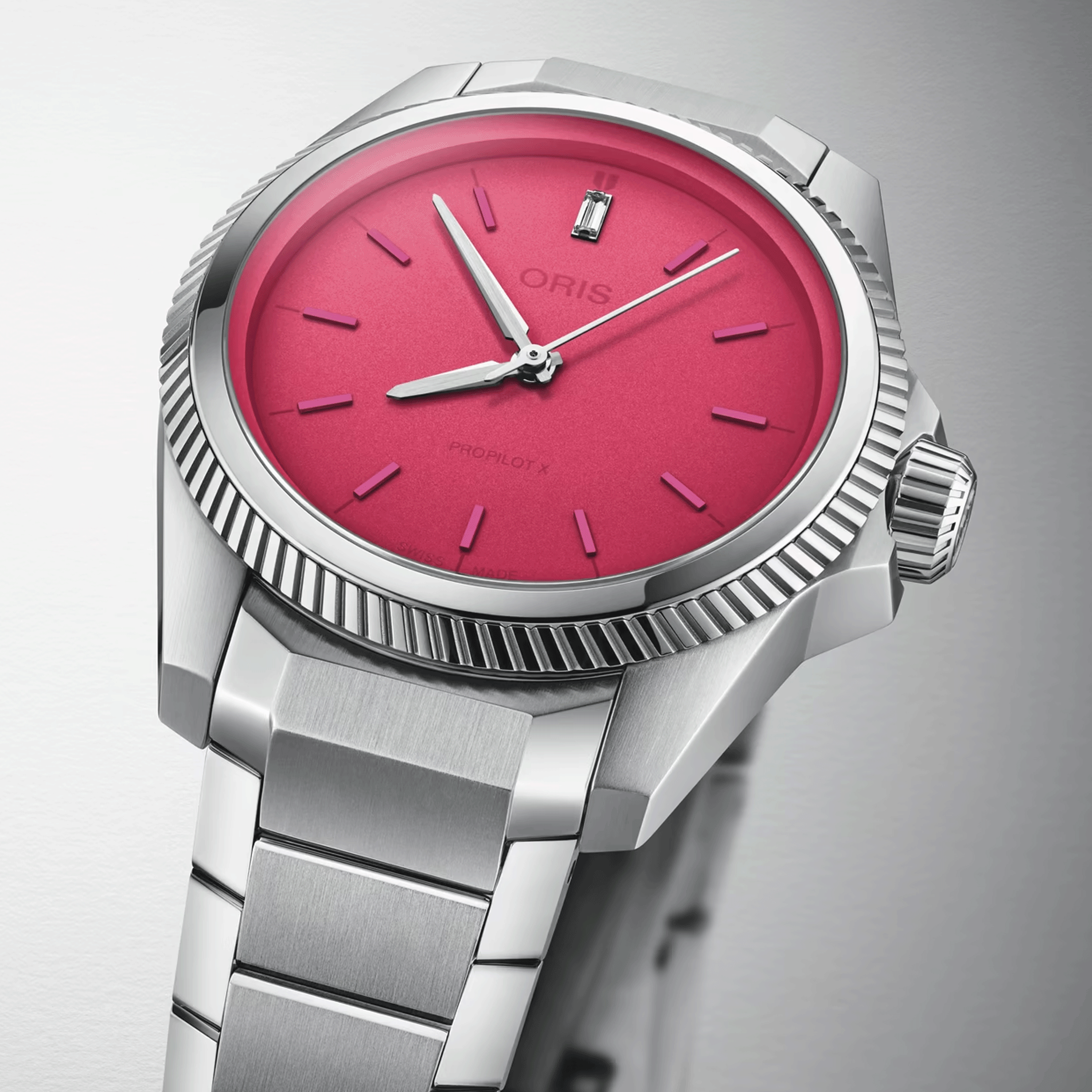 Oris ProPilot X Miss Piggy automatic watch pink dial steel bracelet 34 mm 01 531 7796 4158-07 8 17 05LC