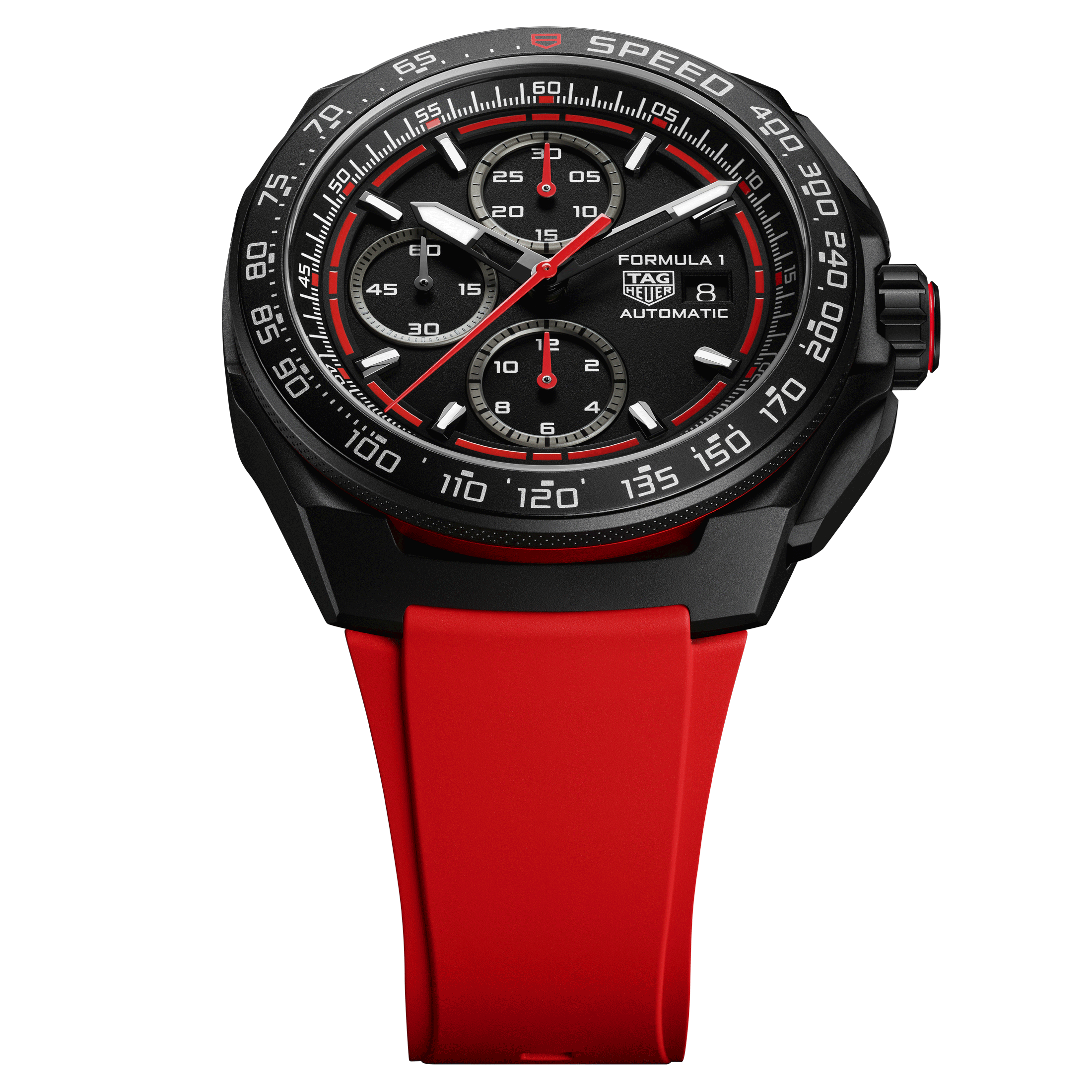 TAG Heuer Formula 1 Automatic Chronograph watch black dial red rubber strap 44 mm CBZ2085.FT8093