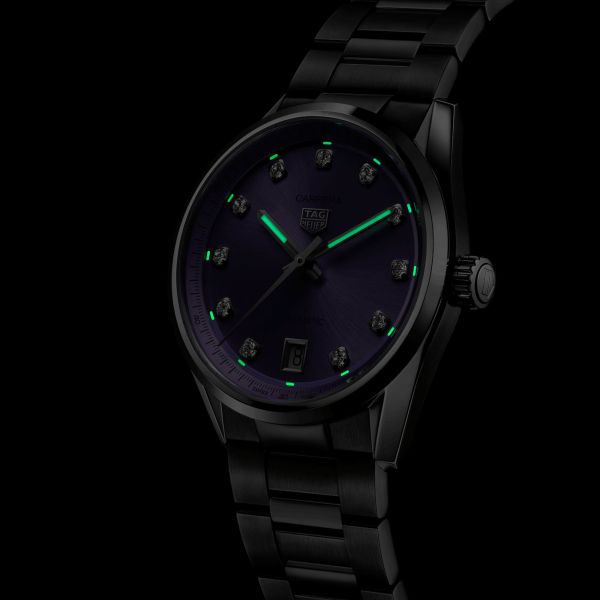 Montre TAG Heuer Carrera Date automatique index diamants cadran violet bracelet acier 36 mm WBN2319.BA0001