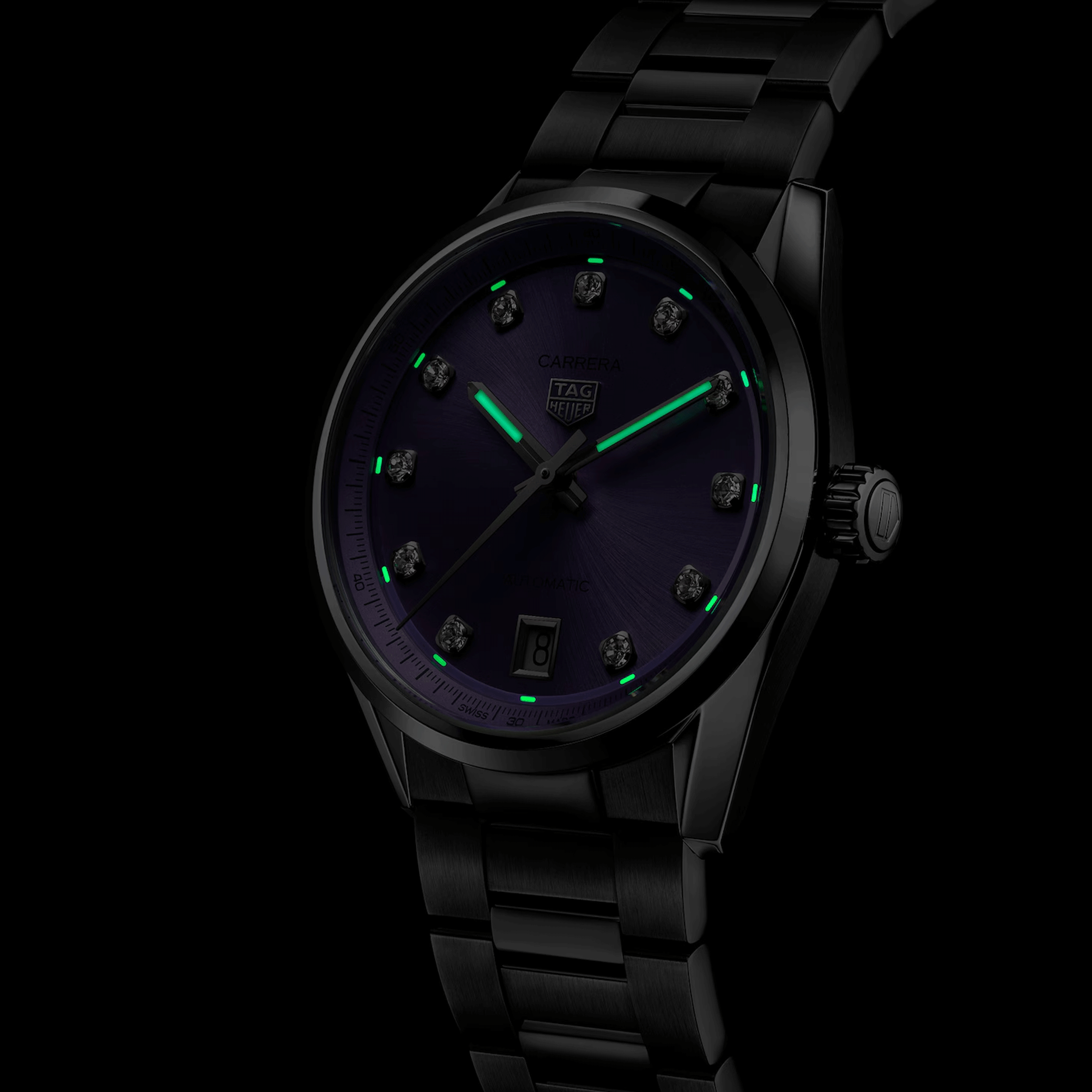 Montre TAG Heuer Carrera Date automatique index diamants cadran violet bracelet acier 36 mm WBN2319.BA0001