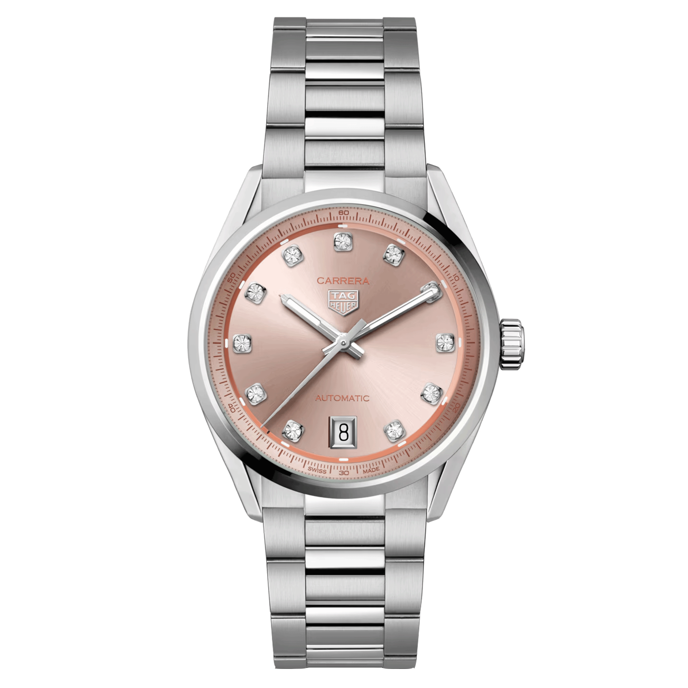 Montre TAG Heuer Carrera Date automatique index diamants cadran rose bracelet acier 36 mm WBN231D.BA0001