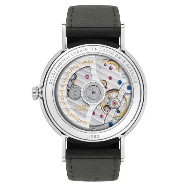NOMOS Ludwig Neomatik 39 Doctors Without Borders automatic watch white dial black leather strap 38.5 mm 250.S2