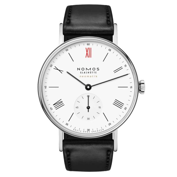 Montre NOMOS Ludwig Neomatik Médecins sans Frontières automatique cadran blanc bracelet cuir noir 36 mm 282.S2