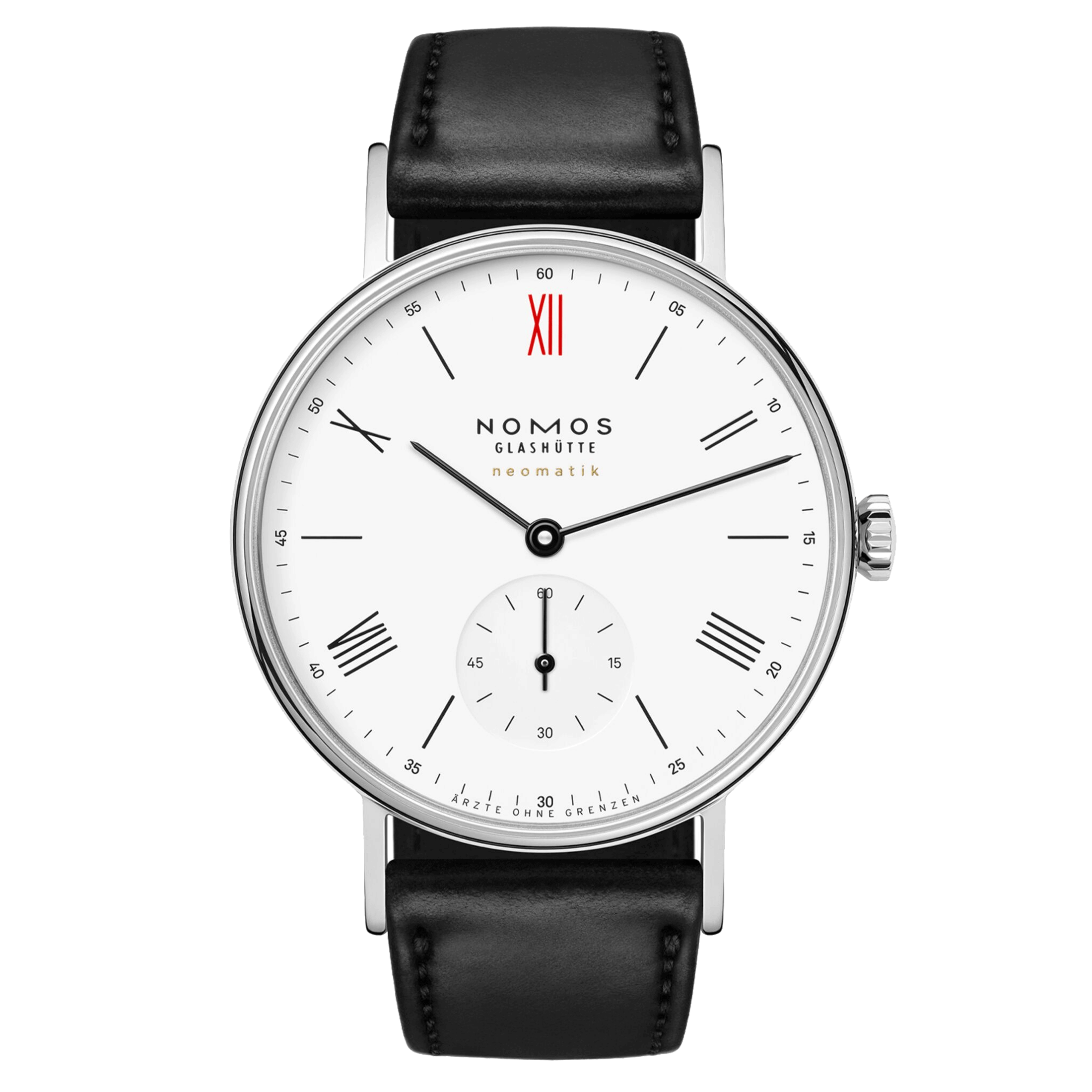 NOMOS Ludwig Neomatik Doctors Without Borders automatic watch white dial black leather strap 36 mm 282.S2