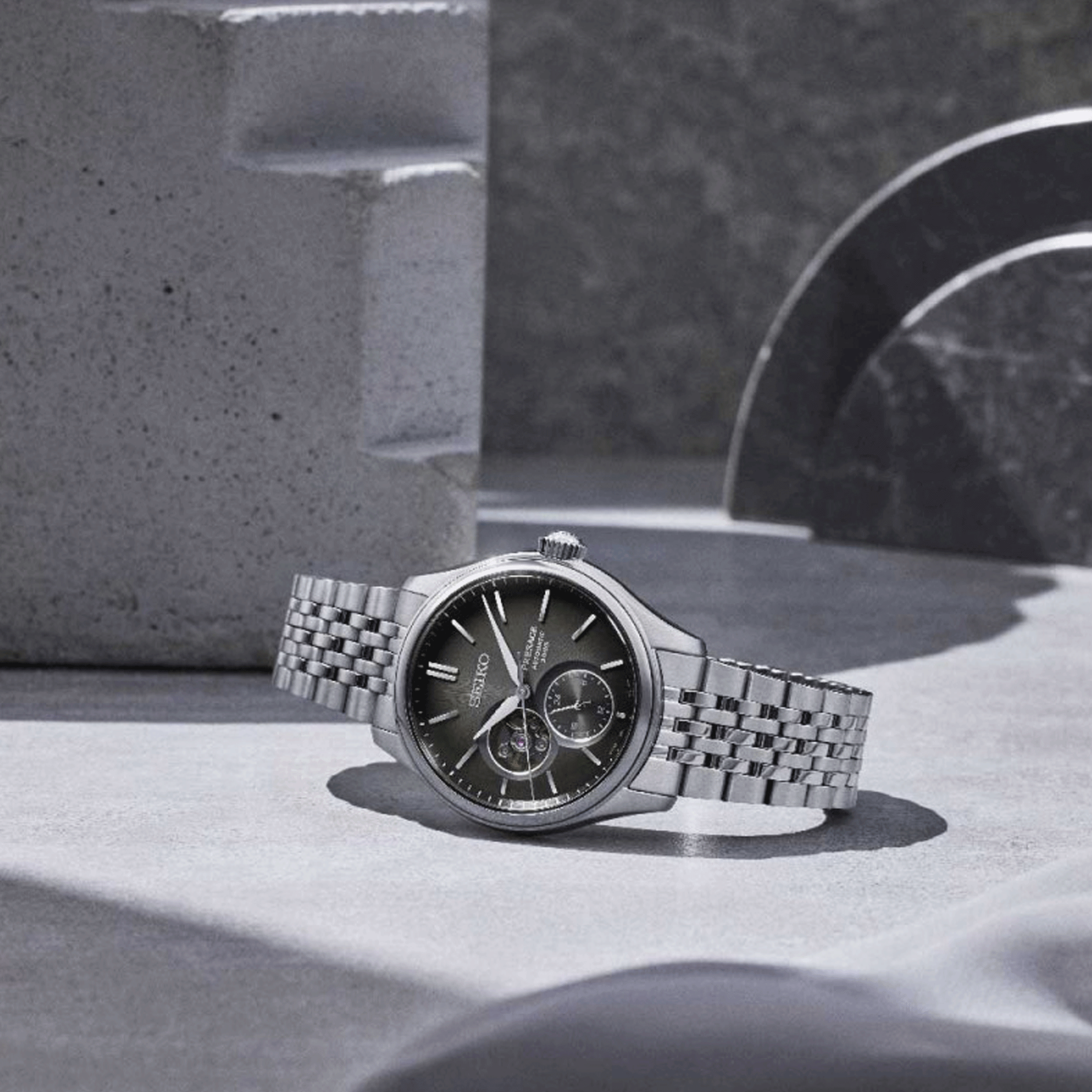 Seiko Presage Open Heart automatic watch black dial stainless steel bracelet 40.2 mm SPB471J1