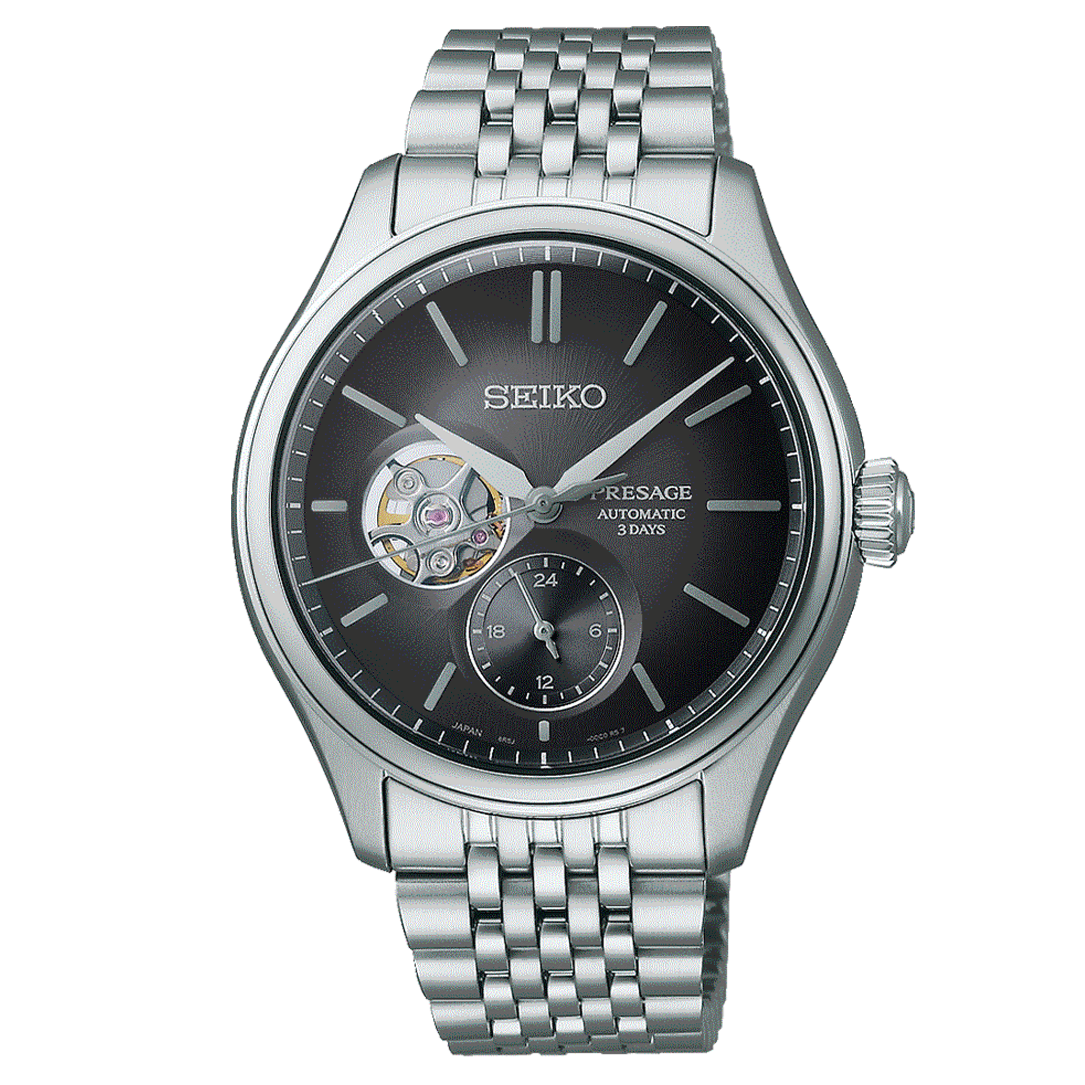 Montre Seiko Presage Cœur Ouvert automatique cadran noir bracelet acier 40,2 mm SPB471J1