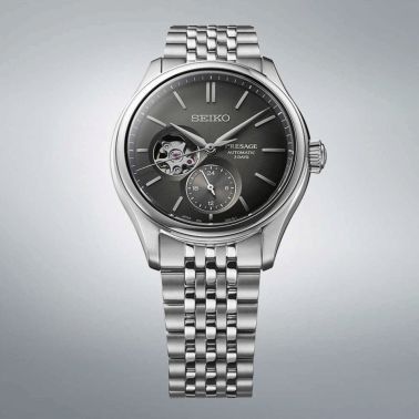 Montre Seiko Presage Cœur Ouvert automatique cadran noir bracelet acier 40,2 mm SPB471J1