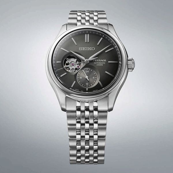 Montre Seiko Presage Cœur Ouvert automatique cadran noir bracelet acier 40,2 mm SPB471J1