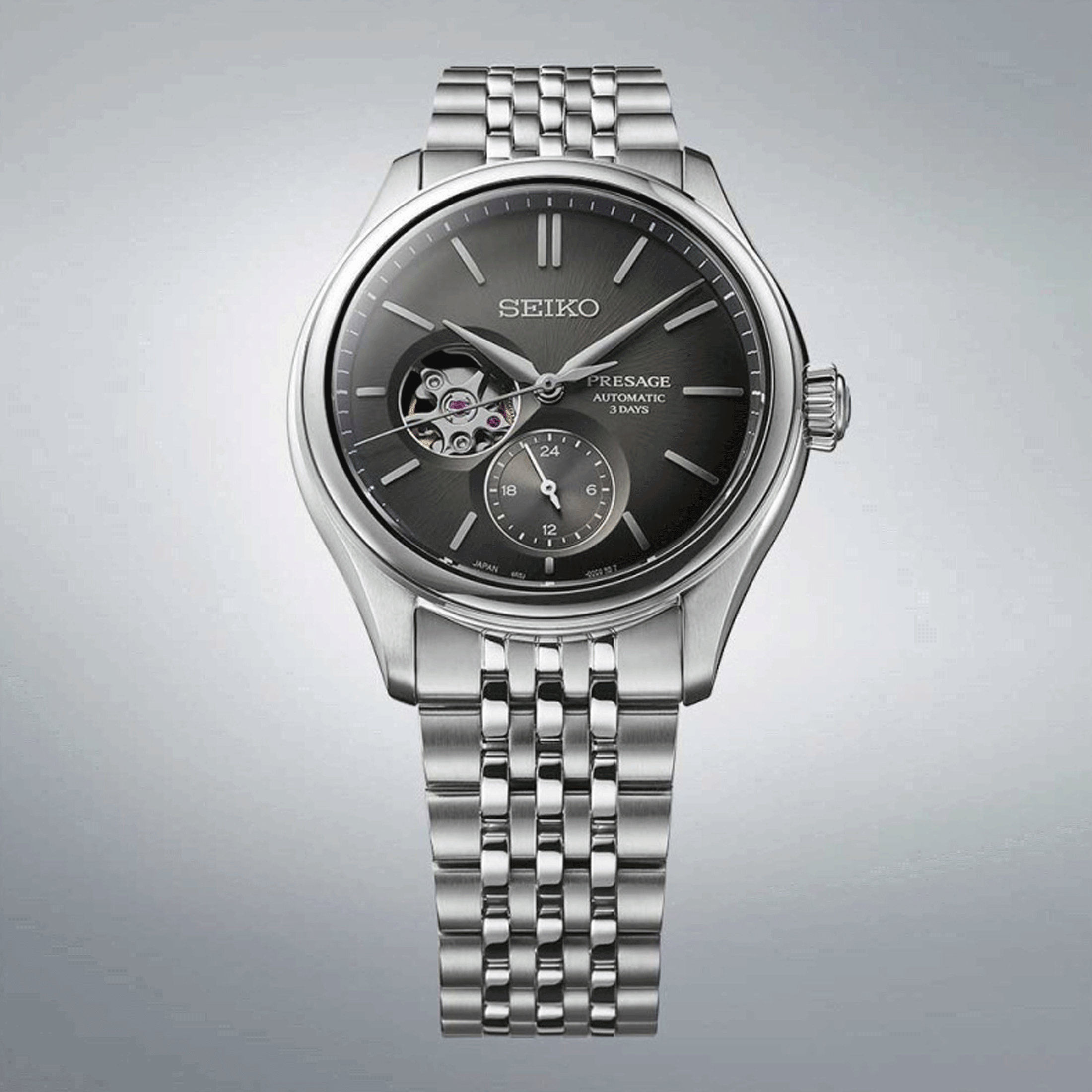 Montre Seiko Presage Cœur Ouvert automatique cadran noir bracelet acier 40,2 mm SPB471J1