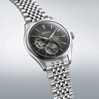 Montre Seiko Presage Cœur Ouvert automatique cadran noir bracelet acier 40,2 mm SPB471J1