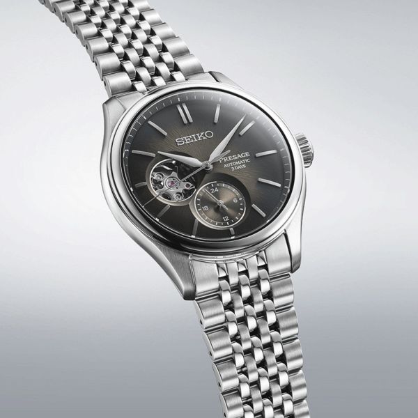Montre Seiko Presage Cœur Ouvert automatique cadran noir bracelet acier 40,2 mm SPB471J1